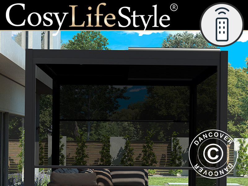 Elektrisk sideveggskjerm til bioklimatisk pergolapaviljong San Pablo, 3m, svart