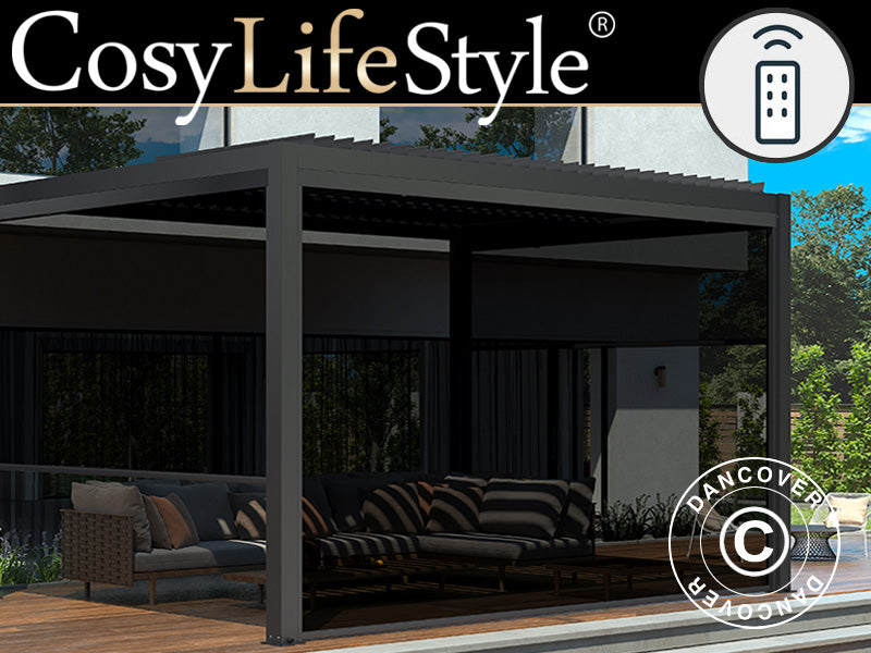 Elektrisk sideveggskjerm til bioklimatisk pergolapaviljong San Pablo, 4m, svart