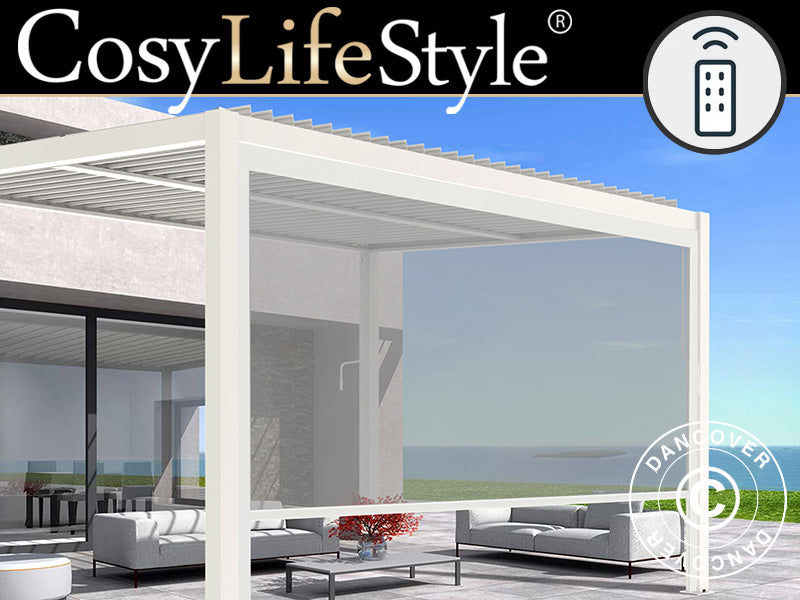 Elektrisk sideveggskjerm til bioklimatisk pergolapaviljong San Pablo, 4m, Hvit/Lysegrå