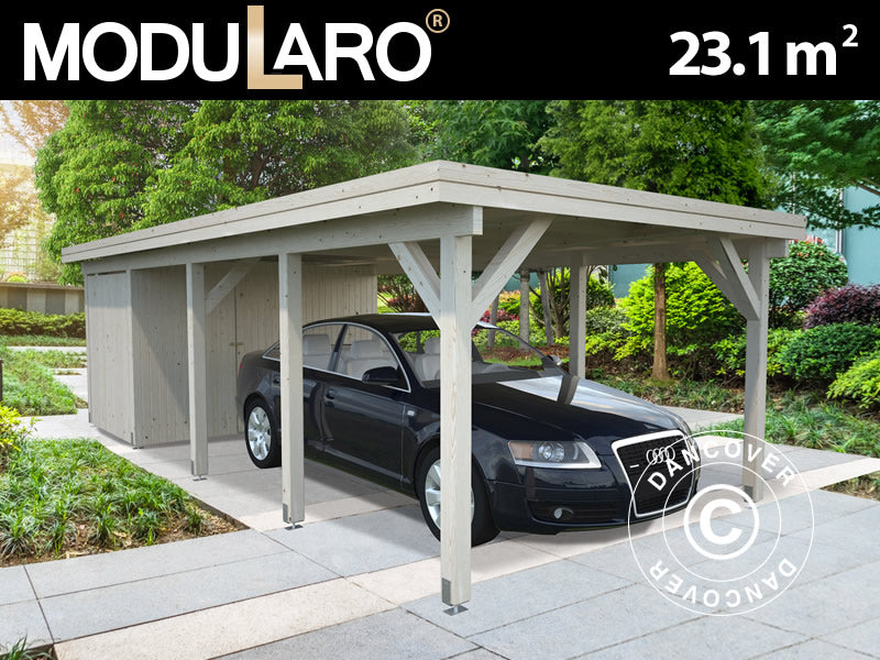 Carport i tre m/redskapsbod, 3,6x7,62x2,32m, 23,1m², naturlig