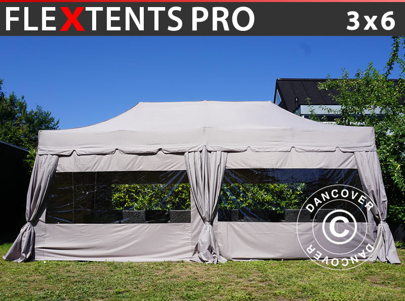 Quick-up telt FleXtents PRO “Peaked” 3x6m Latte, inkl. 6 sidevegger og 6 pyntegardiner