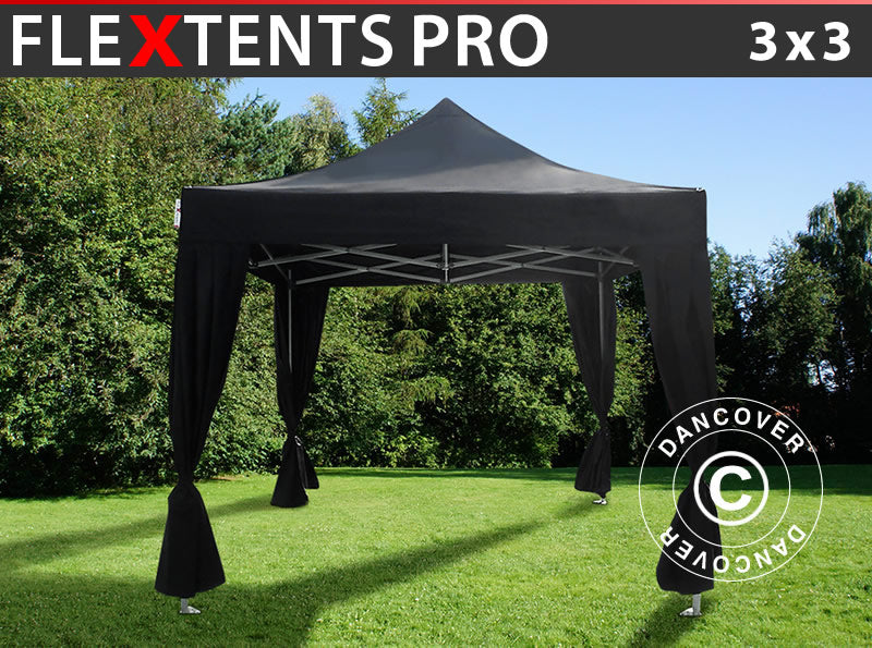 Quick-up telt FleXtents PRO 3x3m Svart, inkl. 4 dekorative gardiner
