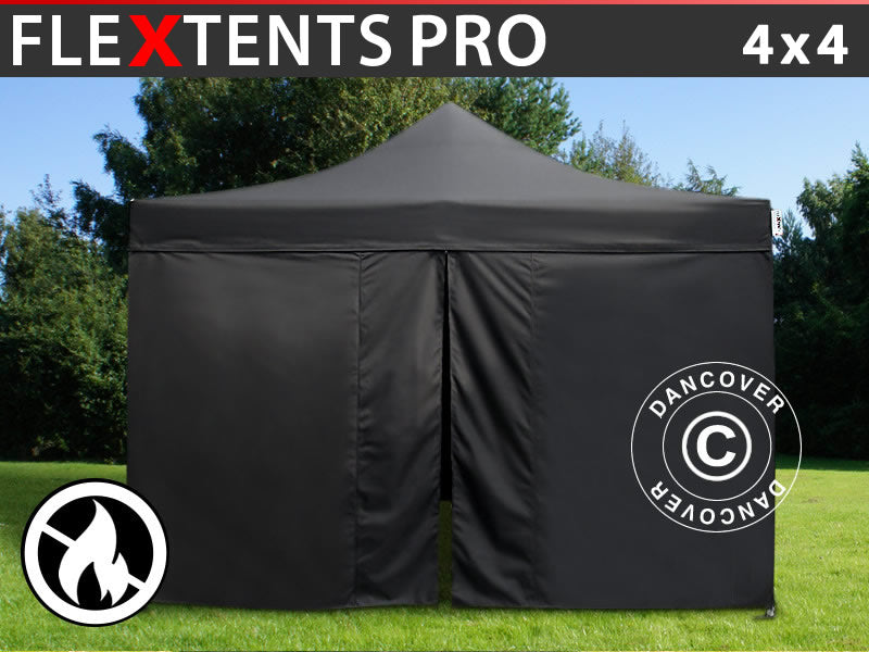 Quick-up telt FleXtents PRO 4x4m Svart, Flammehemmende, inkl. 4 sider