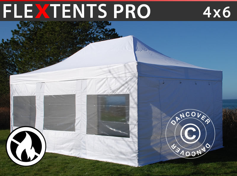Quick-up telt FleXtents PRO 4x6m Hvit, Flammehemmende inkl. 8 sider
