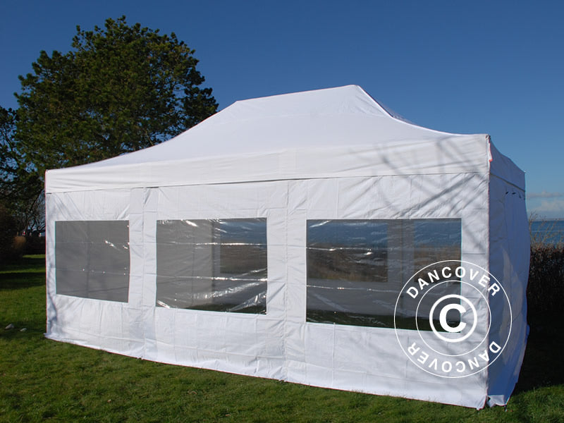 Besøksteltet FleXtents PRO 4x6m hvit, inkl. 8 sidevegger og 1 transparent skillevegg