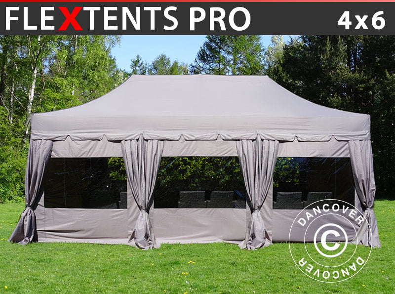Quick-up telt FleXtents PRO "Peaked" 4x6m Latte, inkl. 8 sider & dekorative gardiner