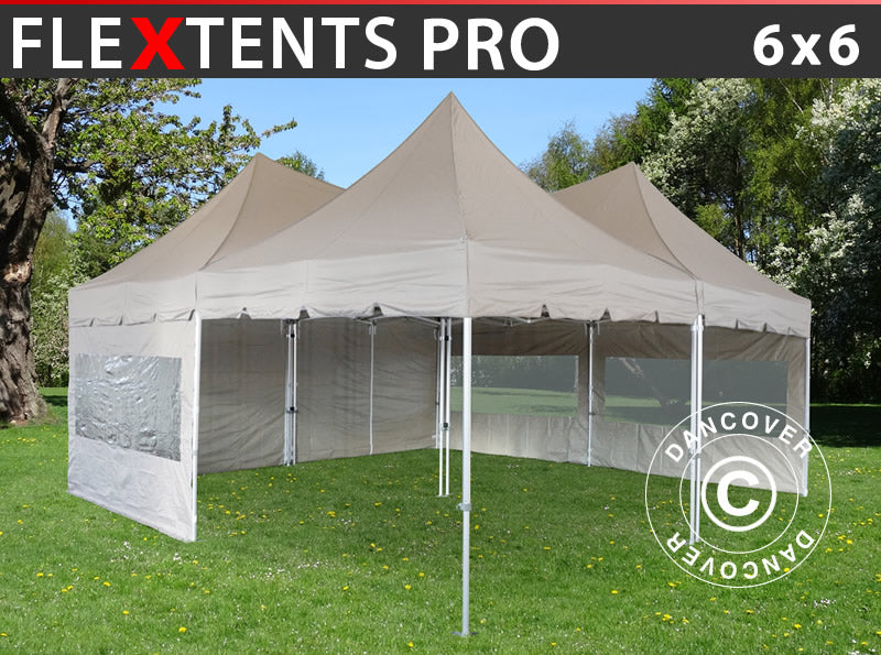 Quick-up teltet FleXtents PRO Peak Pagoda 6x6m, Latte, inkl. 8 sidevegger