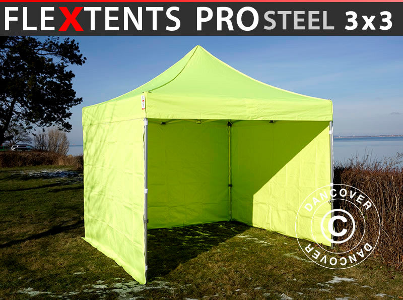 Quick-up telt FleXtents PRO Steel 3x3m Neongul/grønn, inkl. 4 sider BARE 1 STK. IGJEN