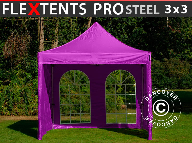 Quick-up telt FleXtents PRO Steel 3x3m Lilla, inkl. 4 sider