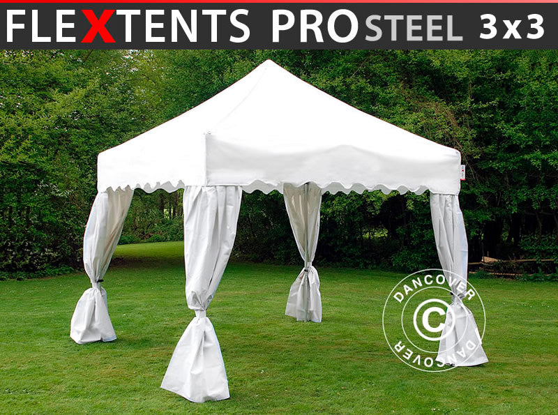 Quick-up telt FleXtents PRO Steel "Wave" 3x3m Hvit, inkl. 4 dekorative gardiner