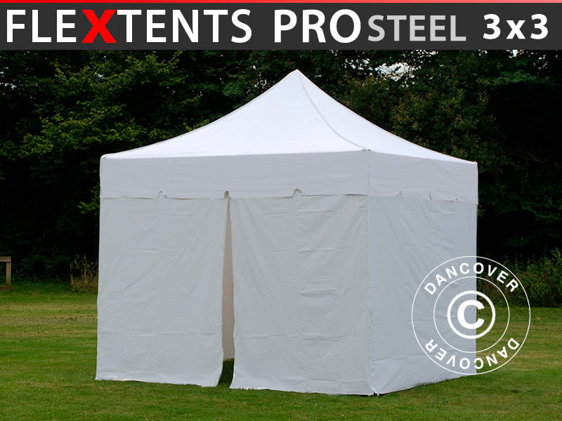 Quick-up telt FleXtents PRO Steel "Peaked" 3x3m Hvit, inkl. 4 sider
