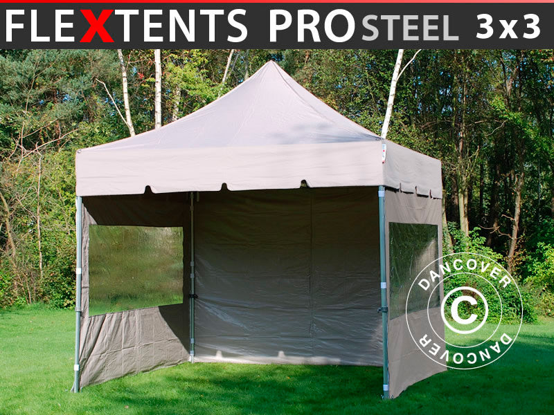 Quick-up telt FleXtents PRO Steel "Peaked" 3x3m Latte, inkl. 4 sider