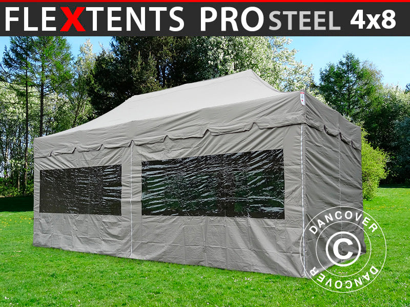 Quick-up telt FleXtents PRO Steel "Peaked" 4x8m Latte, inkl. 6 sider