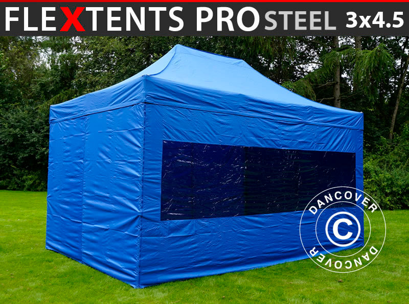Quick-up telt FleXtents PRO Steel 3x4,5m, Blå, inkl. 4 sider