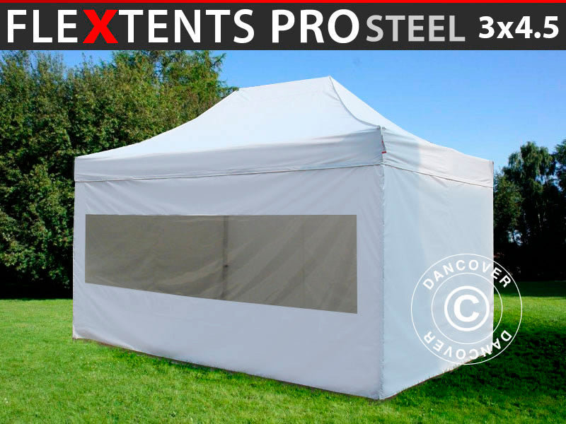 Quick-up telt FleXtents PRO Steel 3x4,5m, Hvit, inkl. 4 sider