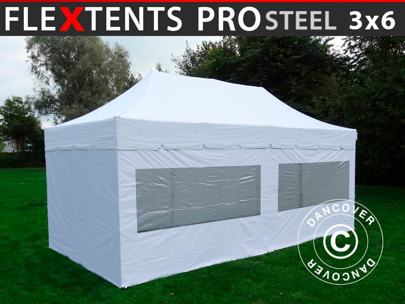 Quick-up telt FleXtents PRO Steel "Peaked" 3x6m Hvit, inkl. 6 sider