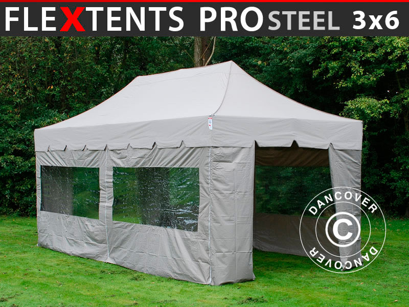 Quick-up telt FleXtents PRO Steel "Peaked" 3x6m Latte, inkl. 6 sider