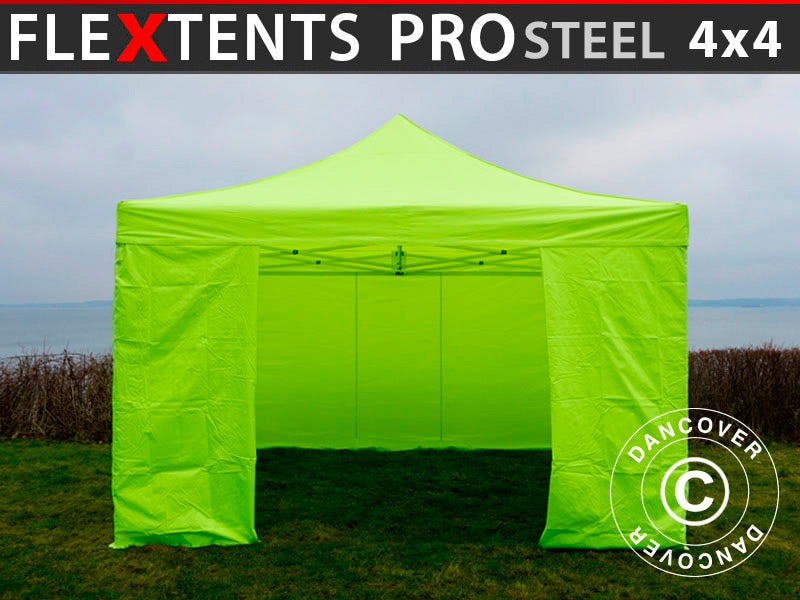 Quick-up telt FleXtents PRO Steel 4x4m Neongul/grønn, inkl. 4 sider BARE 4 STK. IGJEN