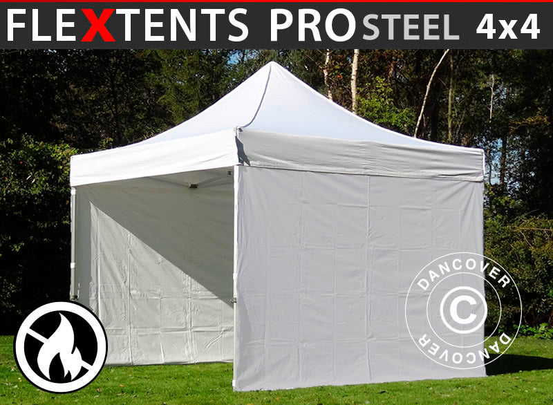 Quick-up telt FleXtents PRO Steel 4x4m Hvit, Flammehemmende inkl. 4 sider