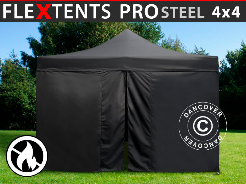 Quick-up telt FleXtents PRO Steel 4x4m Svart, Flammehemmende, inkl. 4 sider