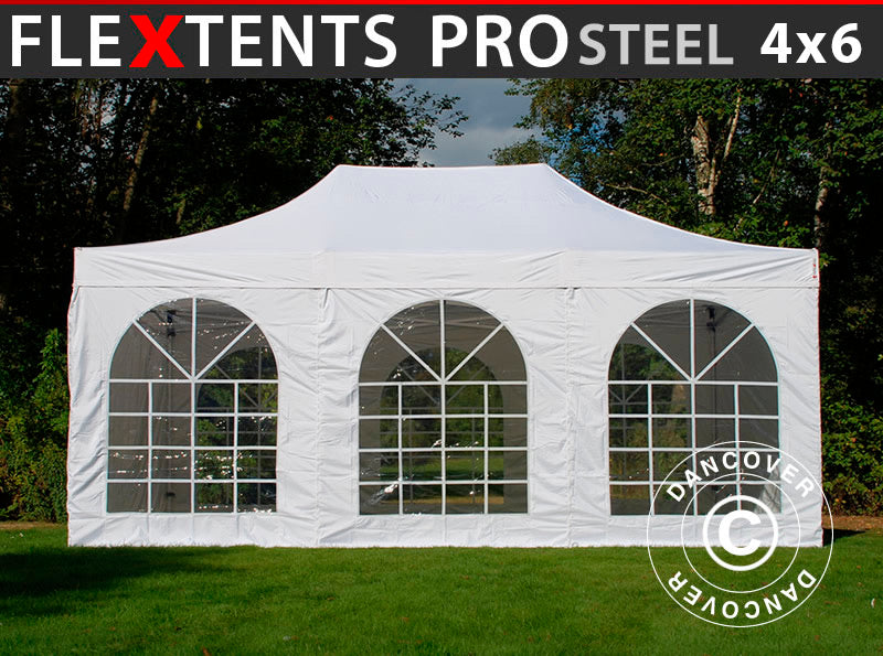 Quick-up telt FleXtents PRO Steel Vintage Style 4x6m Hvit, inkl. 8 sider