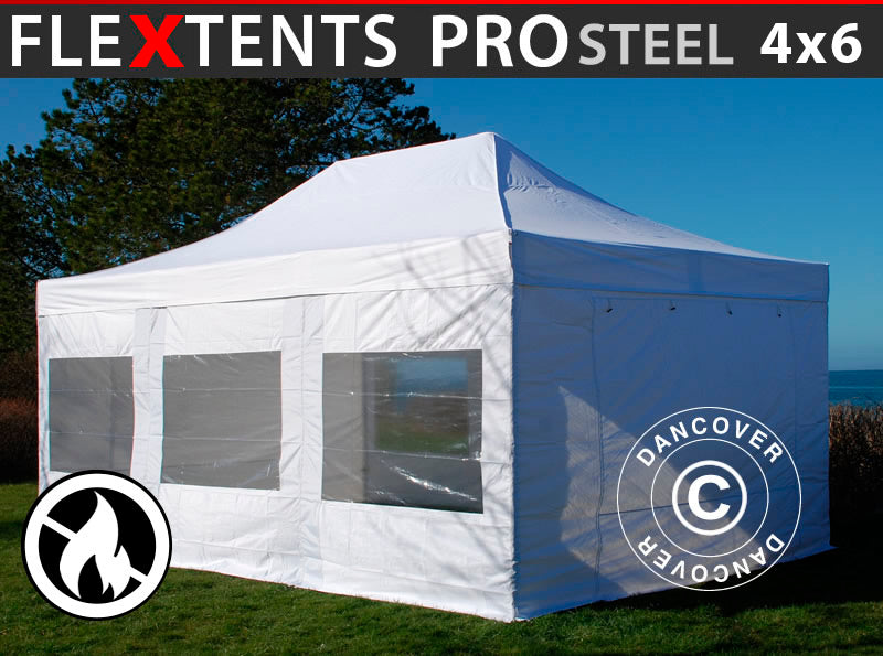 Quick-up telt FleXtents PRO Steel 4x6m Hvit, Flammehemmende inkl. 8 sider