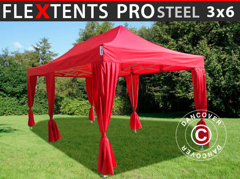 Quick-up telt FleXtents PRO Steel 3x6m Rød, inkl. 6 dekorative gardiner