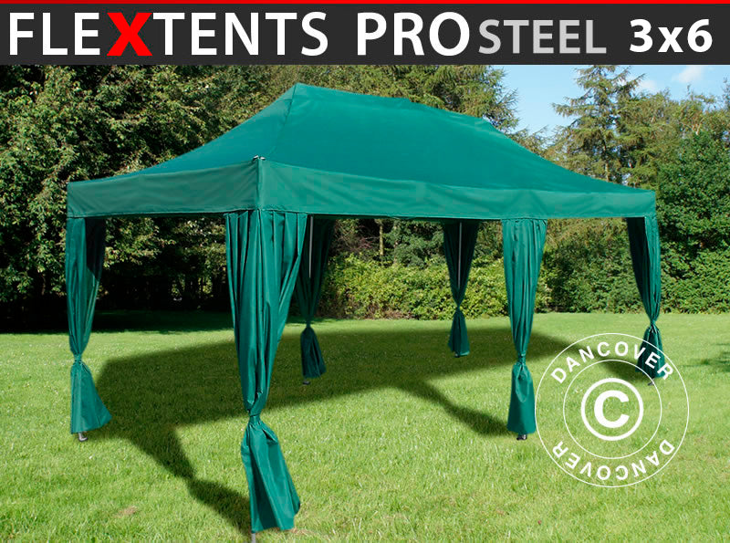 Quick-up telt FleXtents PRO Steel 3x6m Grønn, inkl. 6 dekorative gardiner