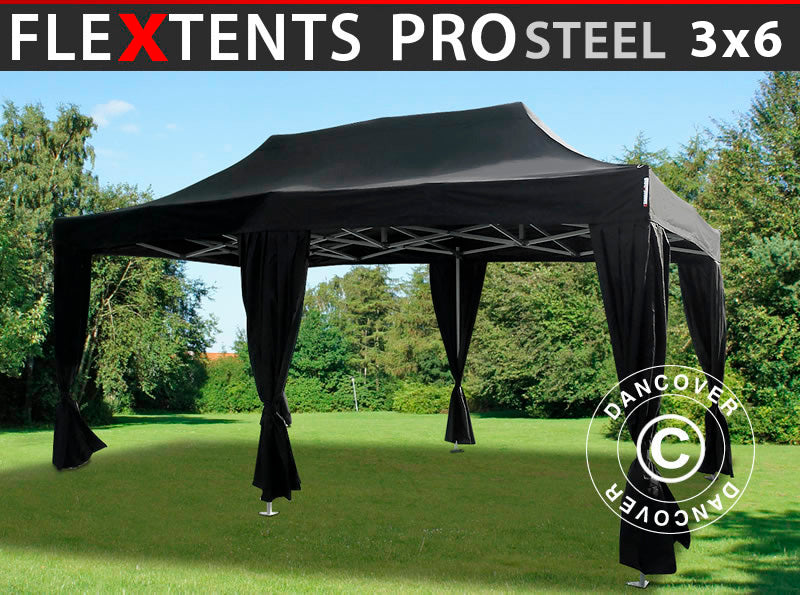 Quick-up telt FleXtents PRO Steel 3x6m Svart, inkl. 6 dekorative gardiner