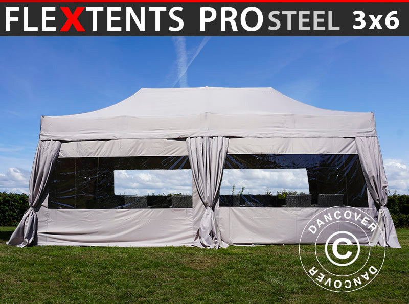 Quick-up telt FleXtents PRO Steel 3x6m Latte, inkl. 6 sider & dekorative gardiner