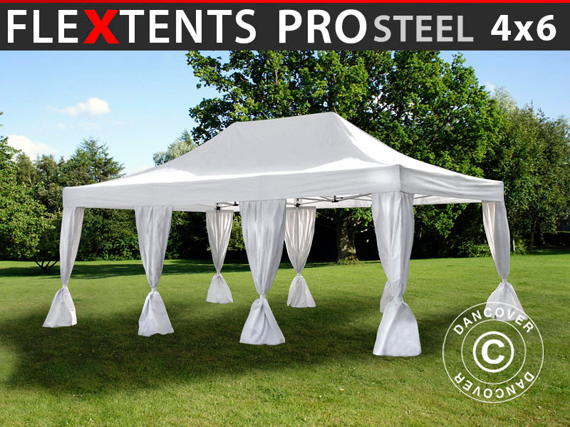 Quick-up telt FleXtents PRO Steel 4x6m Hvit, inkl. dekorative gardiner