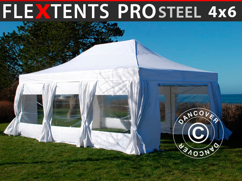 Quick-up telt FleXtents PRO Steel 4x6m Hvit, inkl. 8 sider & dekorative gardiner