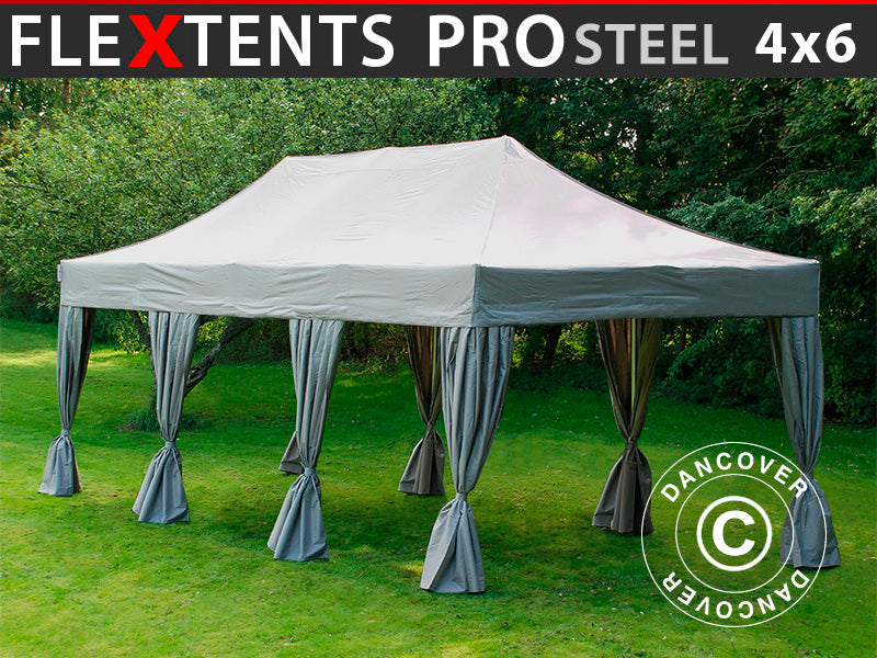 Quick-up telt FleXtents PRO Steel 4x6m Latte, inkl. 8 dekorative gardiner