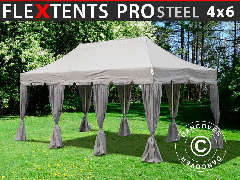 Quick-up telt FleXtents PRO Steel "Peaked" 4x6m Latte, inkl. dekorative gardiner