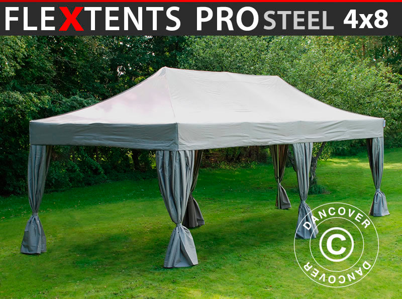 Quick-up telt FleXtents PRO Steel 4x8m Latte, inkl. 6 dekorative gardiner