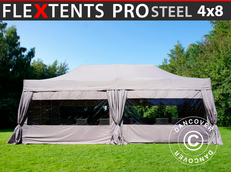 Quick-up telt FleXtents PRO Steel 4x8m Latte, inkl. 6 sider & dekorative gardiner