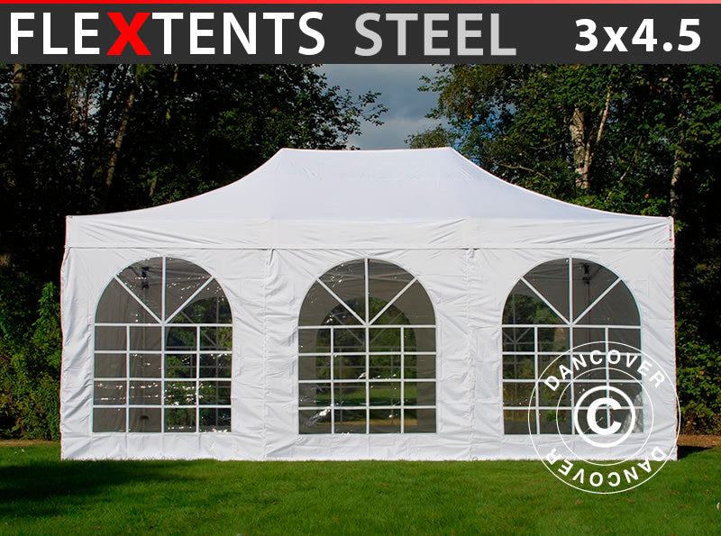 Quick-up telt FleXtents Steel 3x4,5m, Hvit, inkl. 4 sider