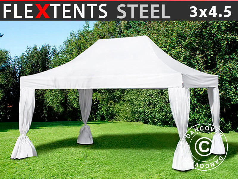 Quick-up telt FleXtents Steel 3x4,5m, Hvit, inkl. 4 dekorative gardiner