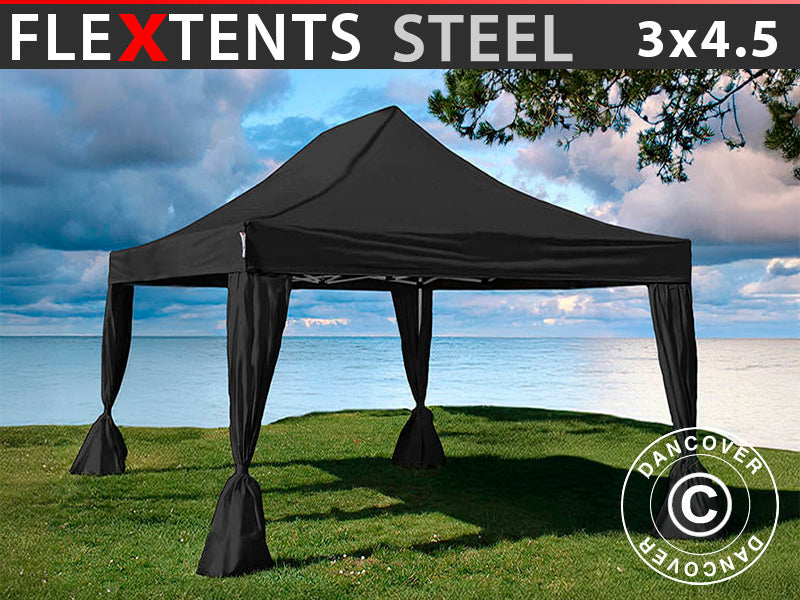 Quick-up telt FleXtents Steel 3x4,5m, Svart, inkl. 4 dekorative gardiner