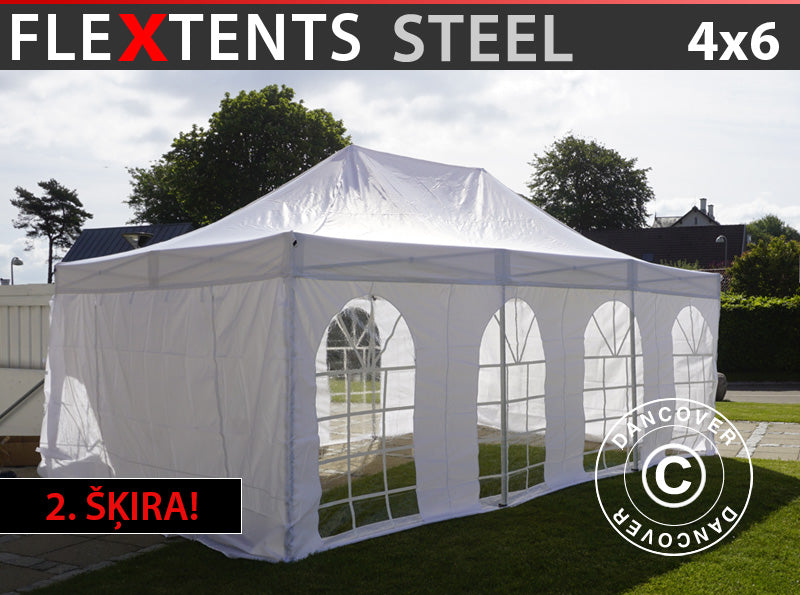 Quick-up telt FleXtents Steel 4x6m Hvit, inkl. 4 sider. NB! 2. Sortering