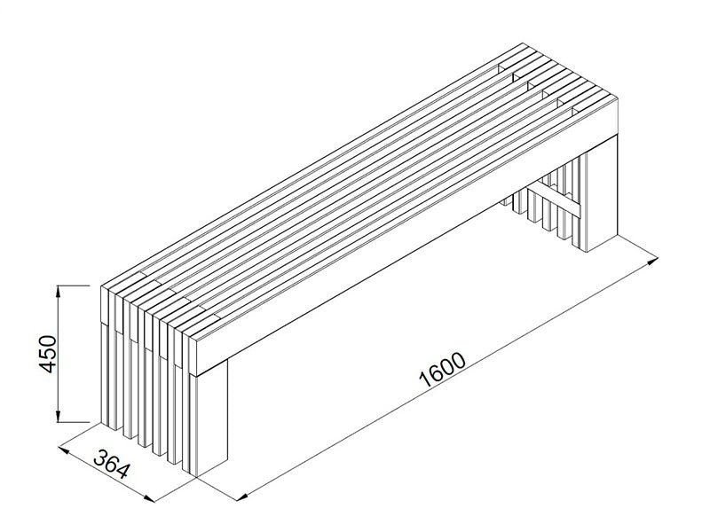 Benk av tre, 0,364x1,6x0,45m, Naturlig