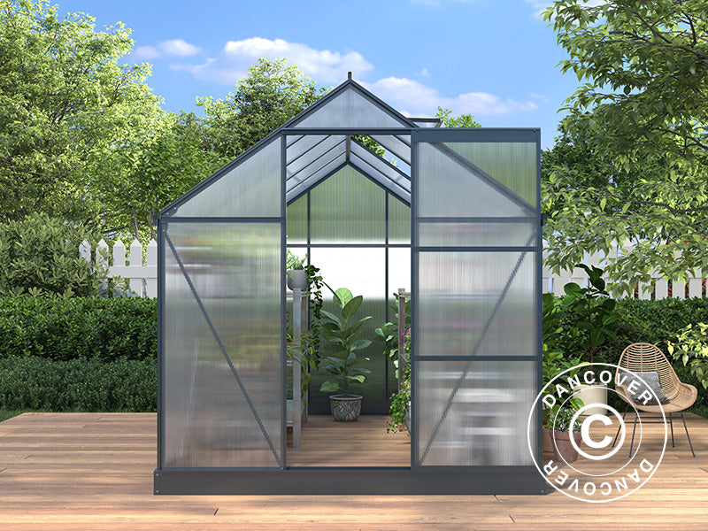 Drivhus Polykarbonat 5,89m², 1,9x3,1x2,05m med base, Svart