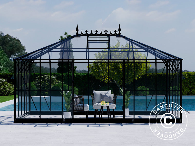 Orangeri, drivhus i glas 19m², 5,14x3,71x3,15m m/sokkel og takdekor, Svart