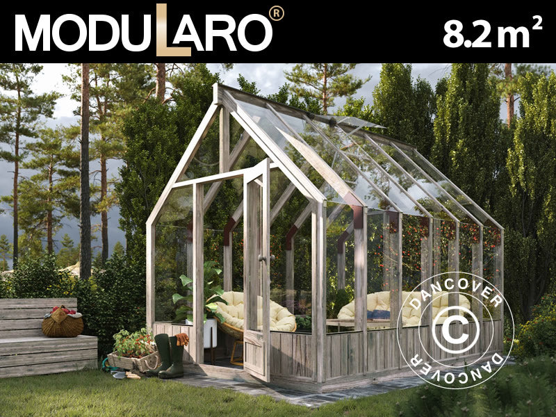 Drivhus/hagepavlijong av tre, 2,4x3,63x2,83m, 8,2m², grå