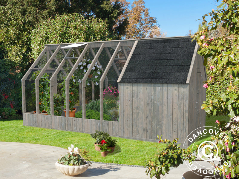 Drivhus/hagepaviljong i tre m/bod, 2,4x5,5x2,83m, 12,2m², Grå