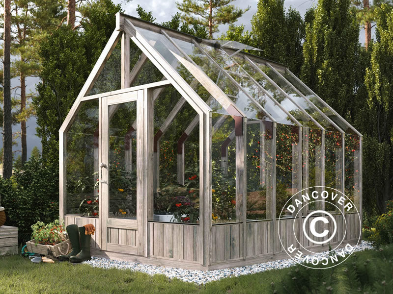 Drivhus/hagepaviljong i tre m/bod, 2,4x5,5x2,83m, 12,2m², Grå