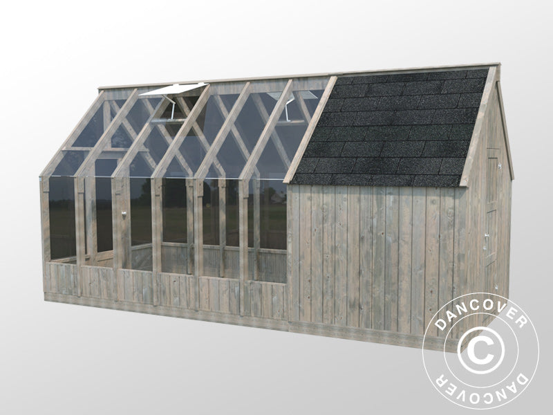 Drivhus/hagepaviljong i tre m/bod, 2,4x5,5x2,83m, 12,2m², Grå