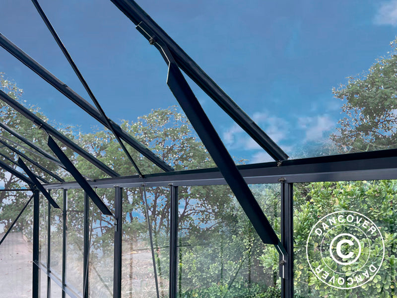 Drivhus i glass 3x3,68x2,6m m/sokkel og takdekor, 11,04m², Svart