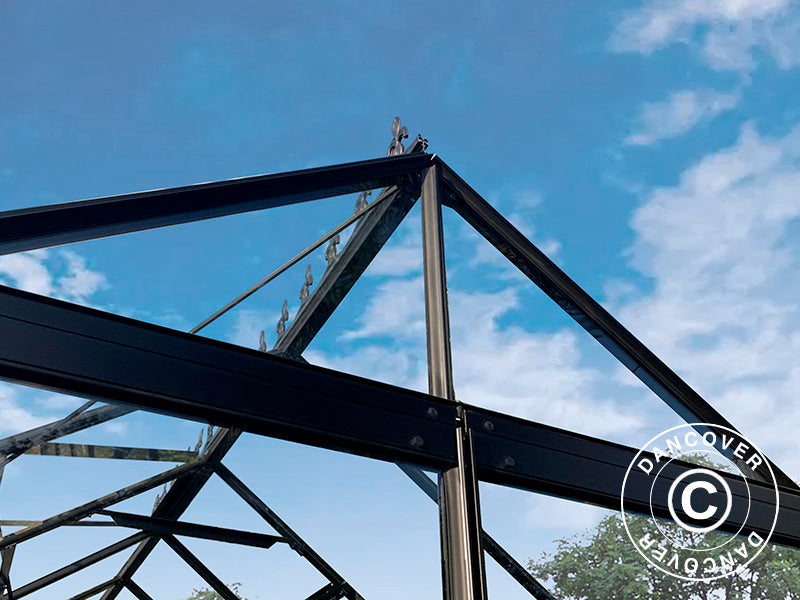 Drivhus i glass 3x3,68x2,6m m/sokkel og takdekor, 11,04m², Svart