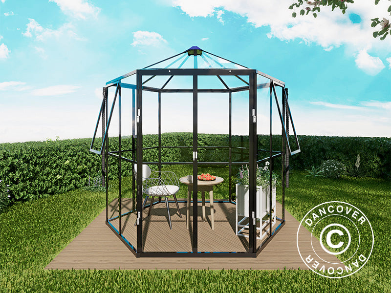 Orangeri i glass sekskantet 3,74m², 2,08x2,4x2,32m, Svart